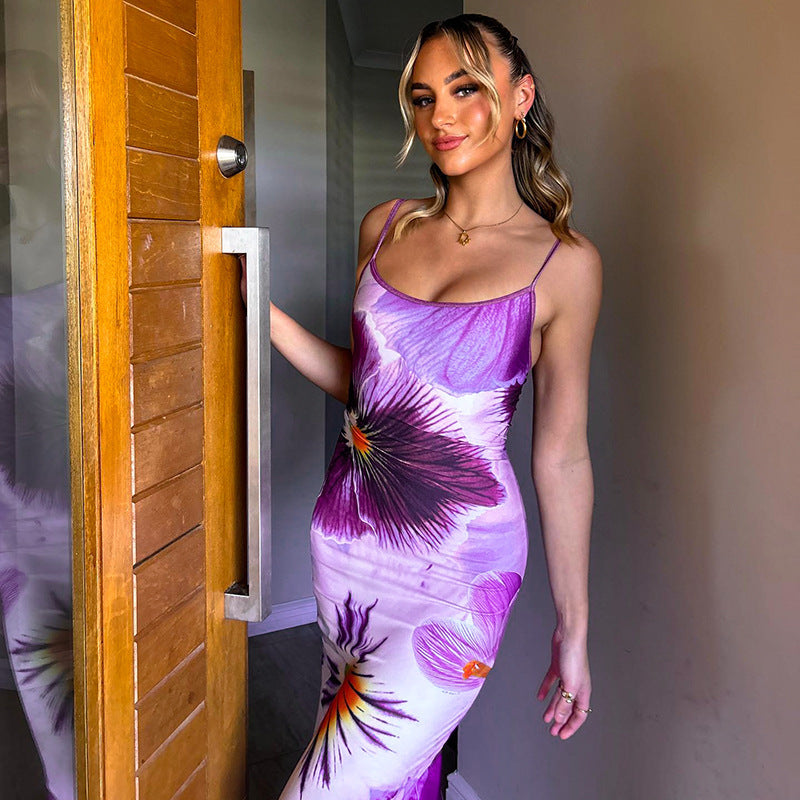 Damen trendiges Maxi-Kleid mit floralem Muster und schmalen Spaghettiträgern Drune