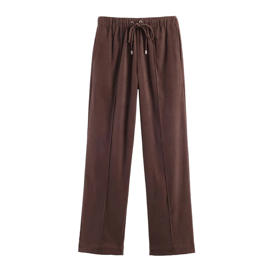 Damen nan gerade geschnittene Velourslederimitat-Hose mit Elastikbund und Kordel Drune