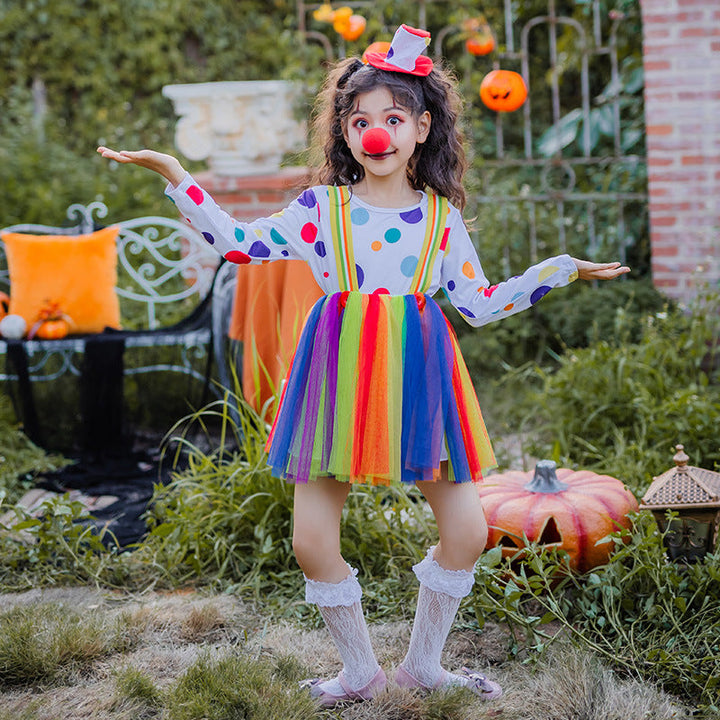 Mädchen Clownkostüm mit bunten Punkten und Tüllrock Drune