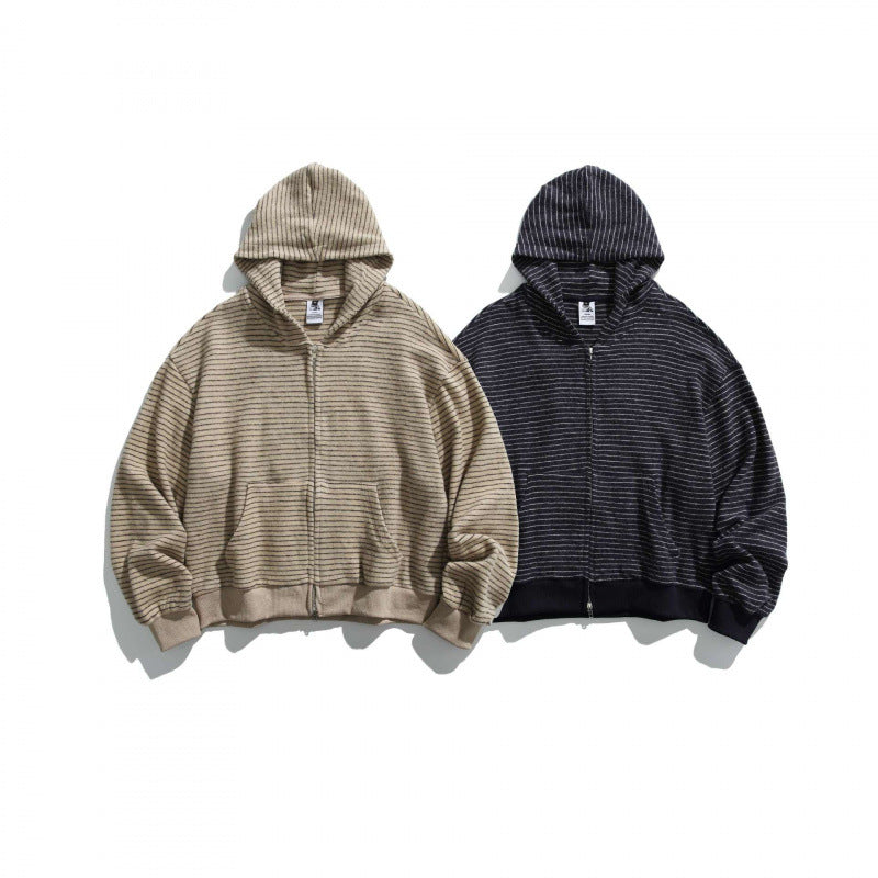 Unisex Boxy Kapuzen-Sweatjacke mit durchgehendem Reißverschluss, Streifenstruktur und geripptem Saum Drune