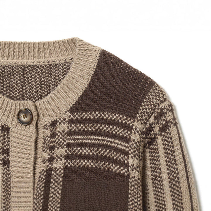 Damen modischer Karoknit-Pullover mit Knopfleiste und Rundhalsausschnitt Drune