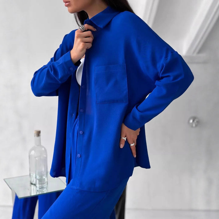 Damen Zweiteiliges Lounge-Set Oversize-Bluse mit Brusttasche und weiter Palazzo-Hose Drune