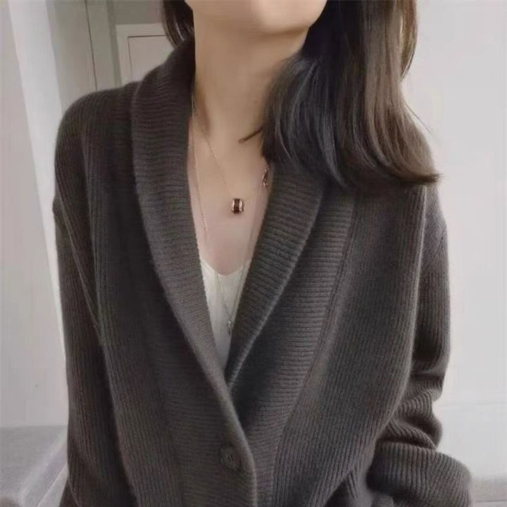 Damen Gemütlicher Strickcardigan mit breitem Revers und Taschen Drune