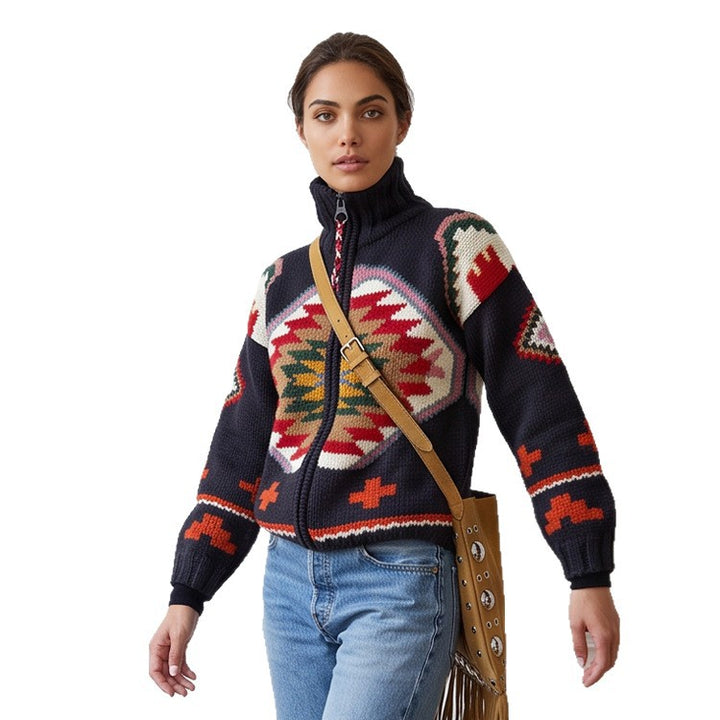 Damen Jacquard-Strickjacke mit Navajo‑Muster, Reißverschluss und hohem Kragen Drune