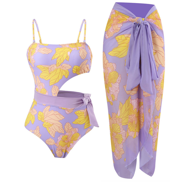 Damen Einteiler Badeanzug mit floralem Design und Wickelrock Drune