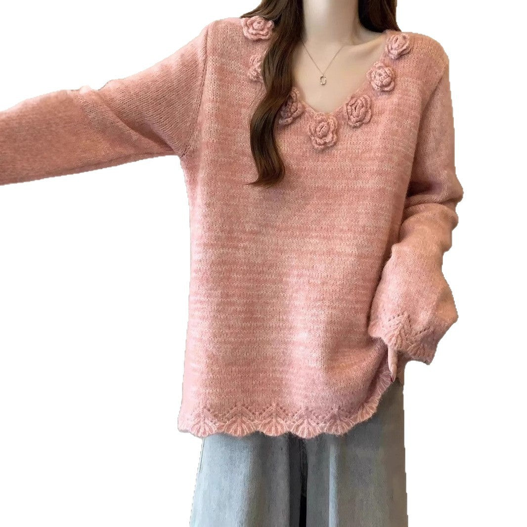Damen Großer Strickpullover mit floralen Applikationen Drune
