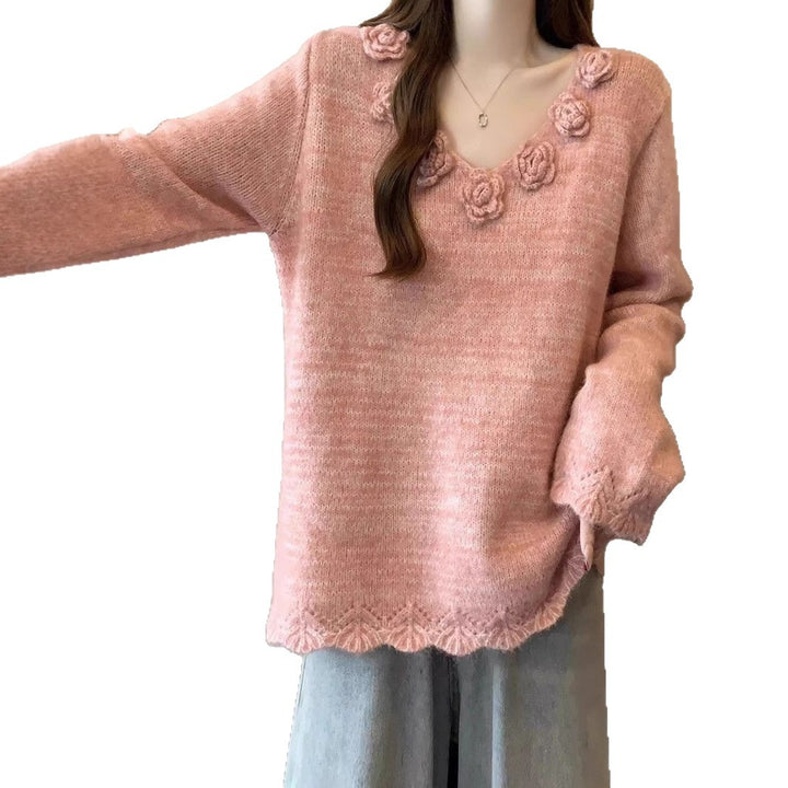 Damen Großer Strickpullover mit floralen Applikationen Drune