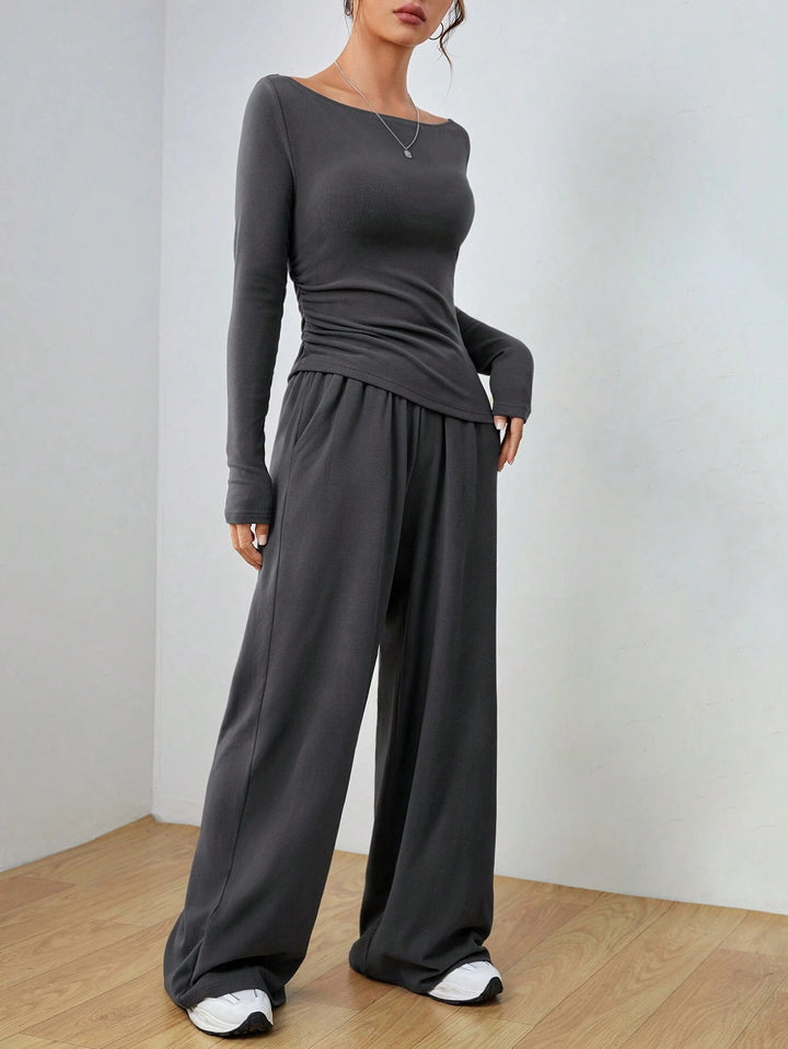 Damen Lässiges Two‑Piece Lounge‑Set mit U‑Boot‑Ausschnitt, taillierter Drapierung und weitem Palazzohose Drune