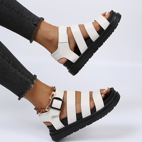 Damen  komfortable Gladiator‑Sandale mit extra gedämpftem Komfortfußbett, vier breiten Riemen und verstellbarer Metallschnalle Drune