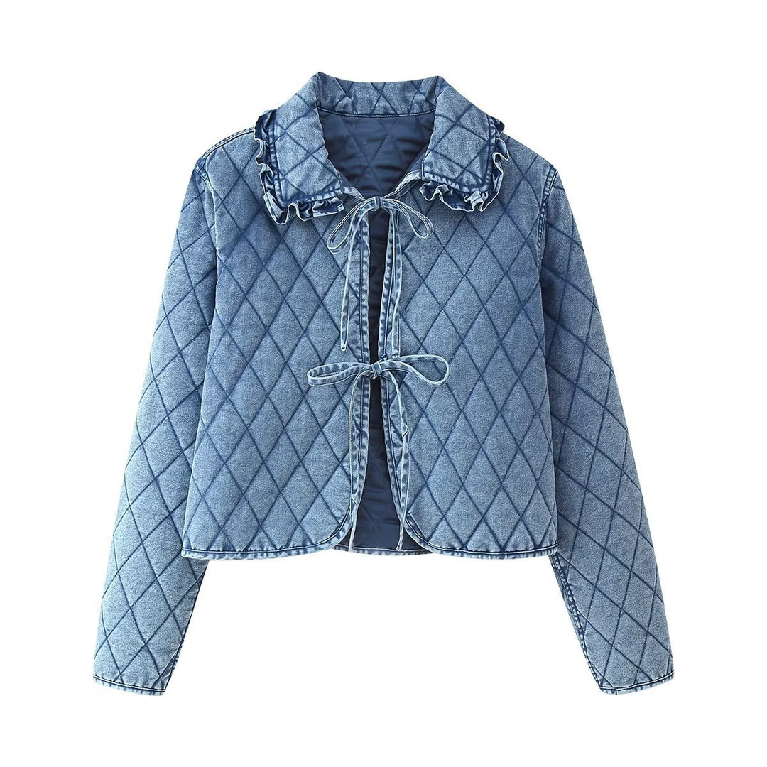 Damen gesteppte Denim-Jacke mit fransigem Kragen Drune