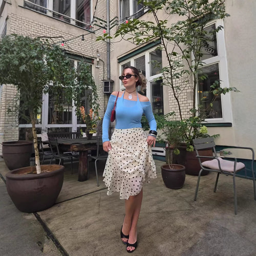 Damen Gepunkteter Chiffon-Volant‑Midirock mit Wickeloptik und asymmetrischem Saum Drune