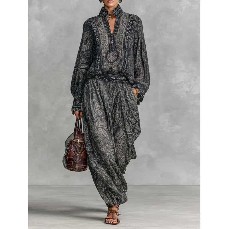 Damen Fließendes Boho-Zweiteiler-Set mit weiter Tunika und Haremshose im Paisley-Design Drune