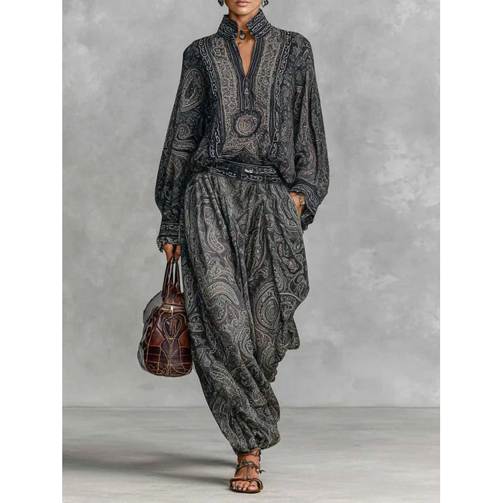 Damen Fließendes Boho-Zweiteiler-Set mit weiter Tunika und Haremshose im Paisley-Design Drune