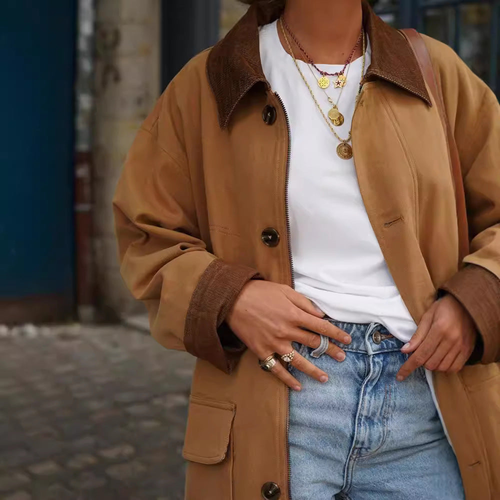 Damen lässige Baumwolljacke mit weichem Kragen und praktischen Taschen Drune