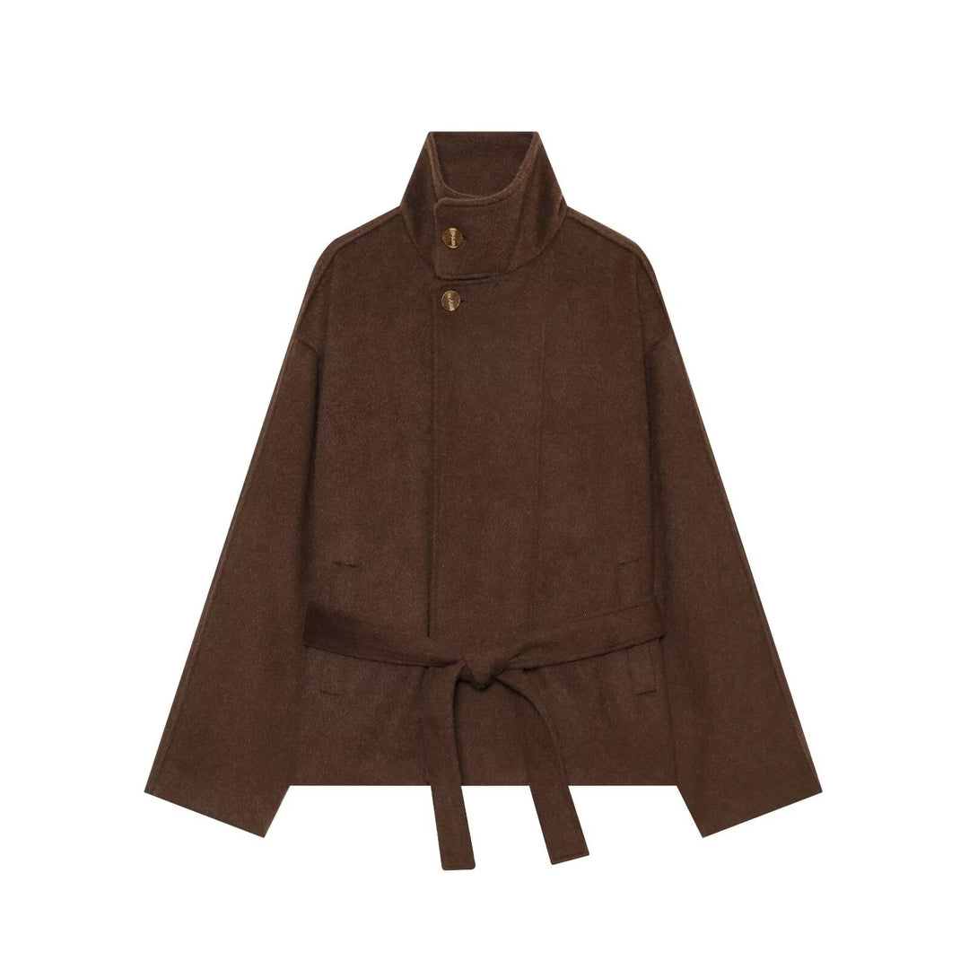 Damen Kurzcape‑Mantel aus Wollmix mit hohem Stehkragen und Taillengürtel Drune