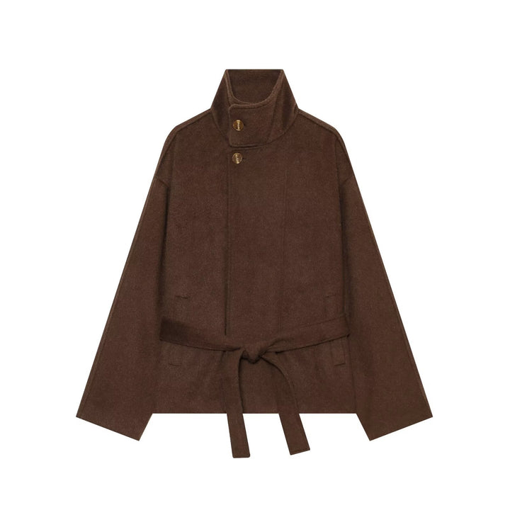 Damen Kurzcape‑Mantel aus Wollmix mit hohem Stehkragen und Taillengürtel Drune
