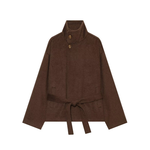 Damen Kurzcape‑Mantel aus Wollmix mit hohem Stehkragen und Taillengürtel Drune