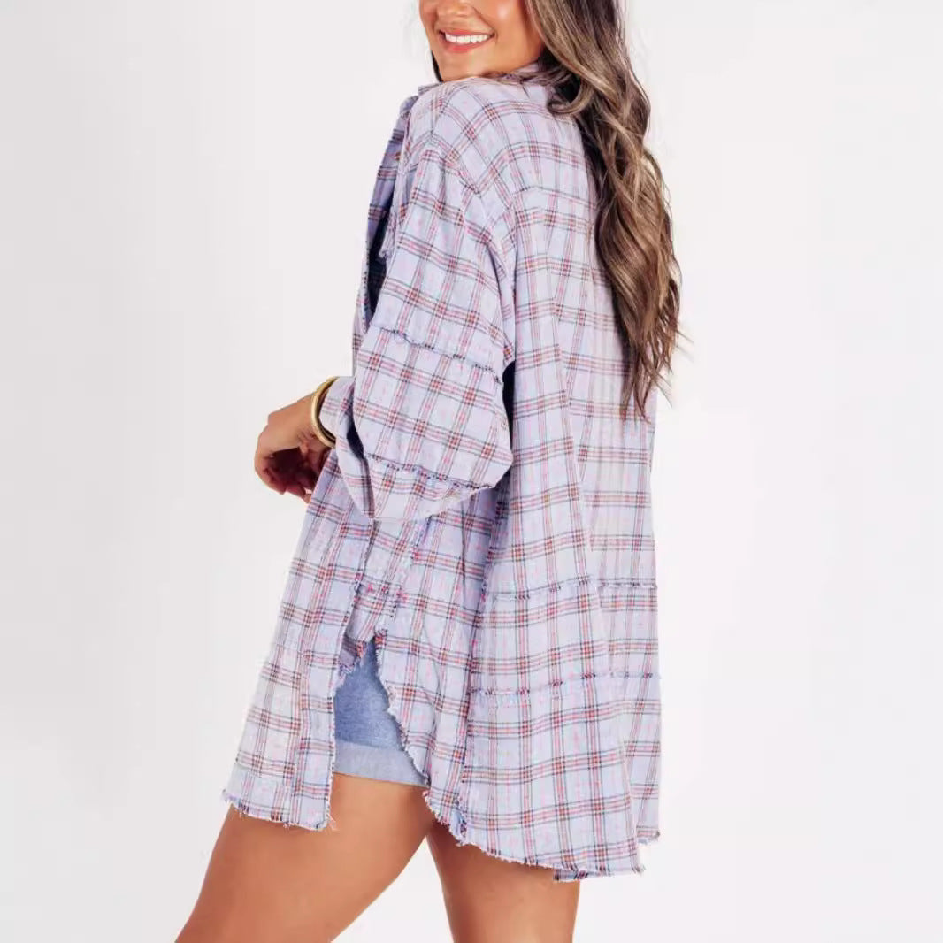 Damen nan oversized Karo-Überhemd mit Fransenbesatz, Brusttaschen und lockerer Passform Drune