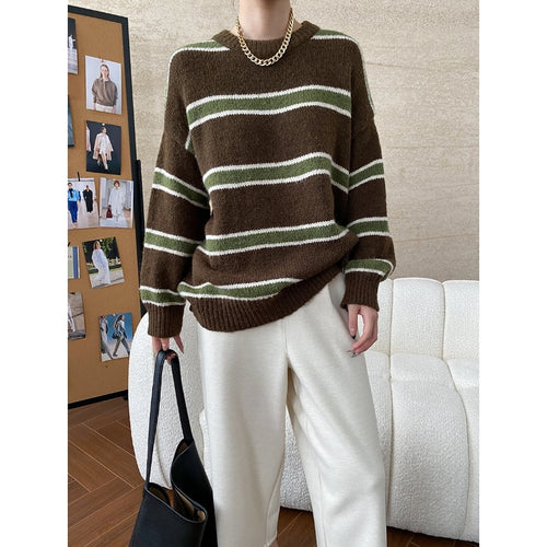 Damen gestreifter Strickpullover mit lockerer Passform und dickerer Struktur Drune
