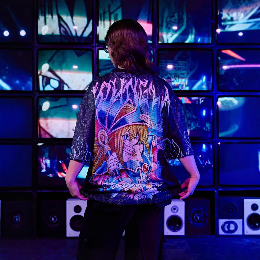 Unisex nan atmungsaktives Netz-Jersey mit großflächigem Anime-Print und V-Ausschnitt Drune