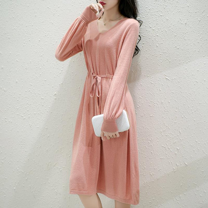 Damen Strickkleid mit taillierbarem Gürtel und fein strukturiertem Oberteil Drune