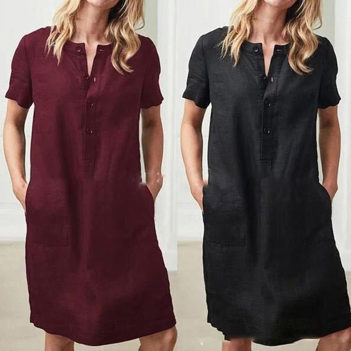 Damen lässiges Leinenkleid mit Knopfleiste und praktischen Taschen Drune