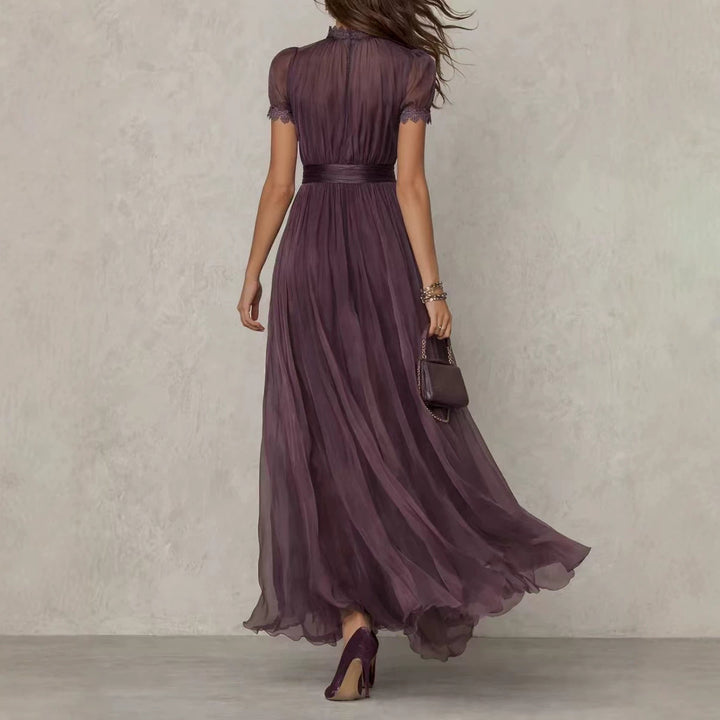 Damen nan langes Chiffon-Abendkleid mit Spitzen‑Stehkragen, Schlüsselöffnung und taillierter Schärpe Drune