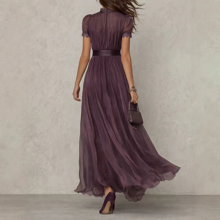 Damen nan langes Chiffon-Abendkleid mit Spitzen‑Stehkragen, Schlüsselöffnung und taillierter Schärpe Drune