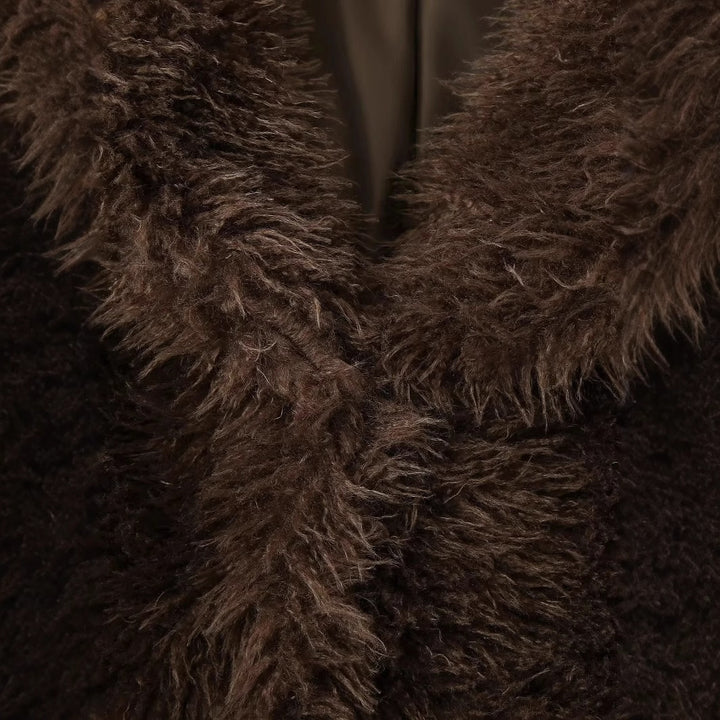 Damen nan shaggy Kunstfell-Blouson mit voluminösem Schalkragen und innenliegendem Hakenverschluss Drune