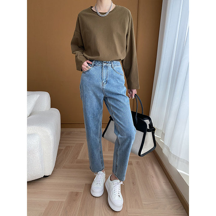 Damen lässiges Langarmshirt mit geradem Schnitt und feinem V-Ausschnitt Drune