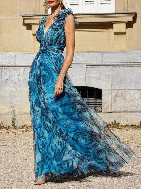 Damen Maxikleid mit romantischen Volantärmeln und floralem Transparenzstoff Drune