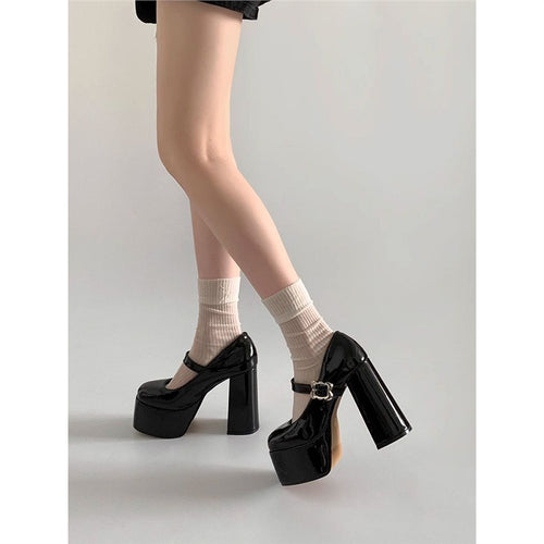 Damen Plateau-Mary-Jane Pumps mit hoher Plattform und sculpted Blockabsatz Drune