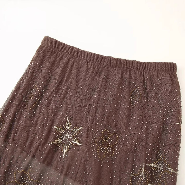 Damen elegante transparente Palazzohose mit funkelnden Applikationen Drune