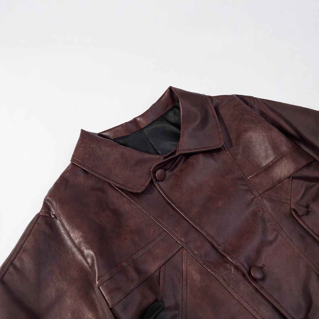 Damen Kurzer Boxy‑Lederimitat‑Blouson mit geometrischen Nahtdetails und Hemdkragen Drune