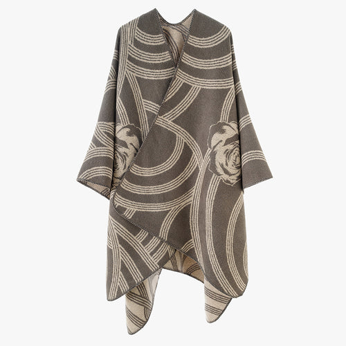 Damen Jacquard‑Capeponcho mit Rosendessin und Oversize‑Fall Drune