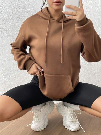 Damen nan cropped Oversize-Hoodie mit tiefer Schulterpartie, Kängurutasche und fleecegefüttertem Innenleben Drune