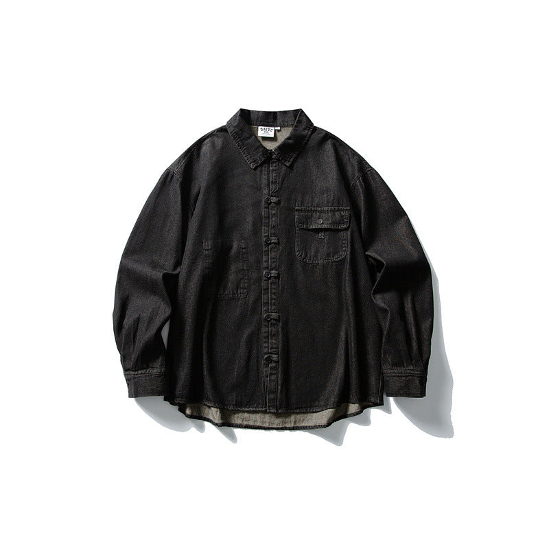 Herren Oversized Denim‑Hemdjacke mit traditionellen Knotenknöpfen Drune