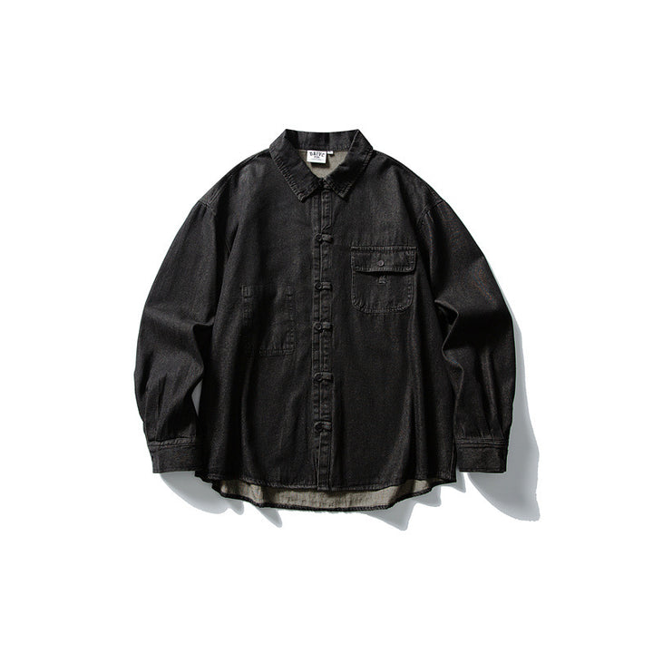 Herren Oversized Denim‑Hemdjacke mit traditionellen Knotenknöpfen Drune
