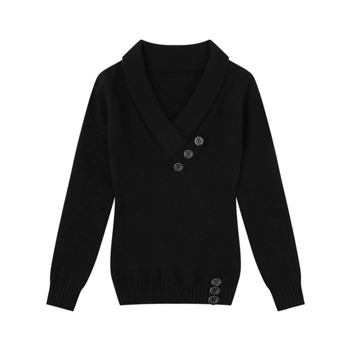 Damen Feinstrick-Pullover mit Schalkragen, V-Ausschnitt und Zierknöpfen Drune