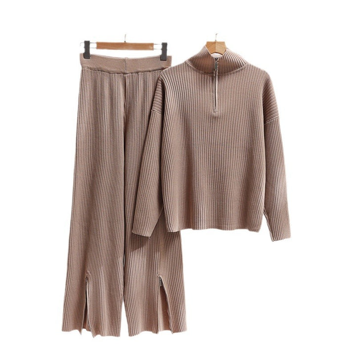 Damen lässiges Strickensemble mit hohem Kragen und seitlichen Schlitzen Drune