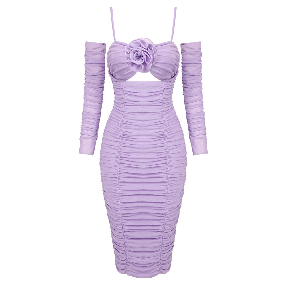 Damen figurbetontes Cocktailkleid mit Blumenapplikation und eleganten Rüschen Drune