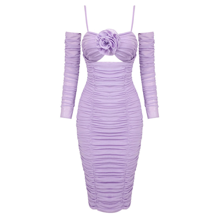 Damen figurbetontes Cocktailkleid mit Blumenapplikation und eleganten Rüschen Drune