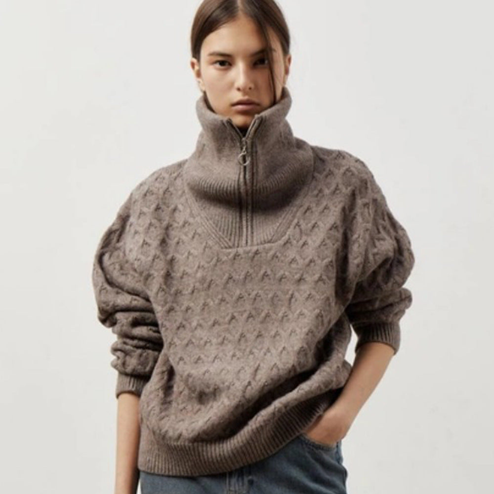 Damen Gemusterter Strickpullover mit hohem Kragen und Halbreißverschluss Drune