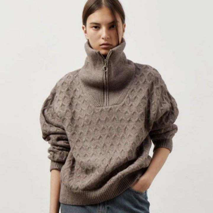 Damen Gemusterter Strickpullover mit hohem Kragen und Halbreißverschluss Drune