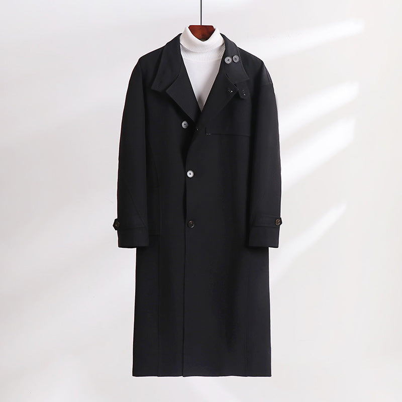 Herren Langgeschnittener Minimalistischer Trenchcoat mit Schalkragen und verstellbaren Ärmelriemen Drune
