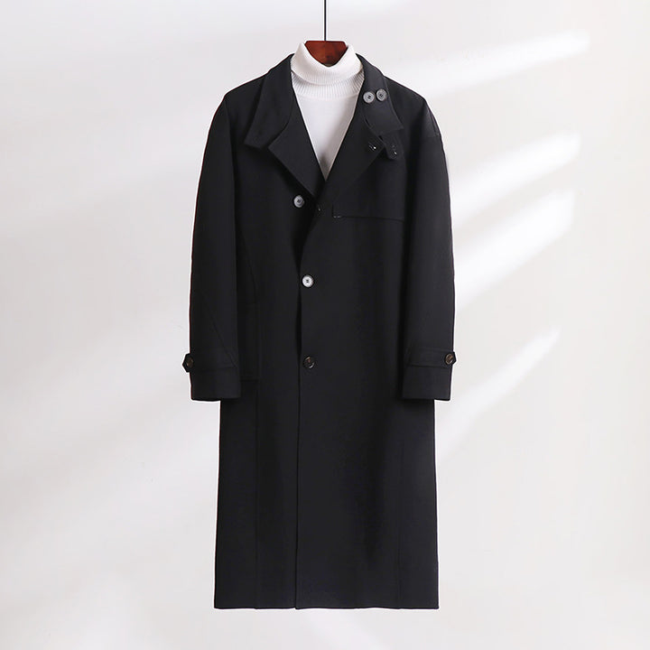 Herren Langgeschnittener Minimalistischer Trenchcoat mit Schalkragen und verstellbaren Ärmelriemen Drune