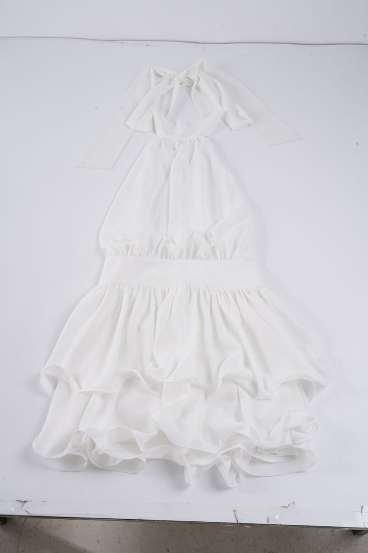 Damen Elegantes Maxikleid mit schwingendem Rüschensaum und tiefem V-Ausschnitt Drune