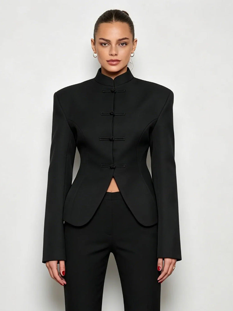 Damen Sculpted‑Blazer mit Stehkragen, dekorativen Knotenverschlüssen und taillierter Silhouette Drune
