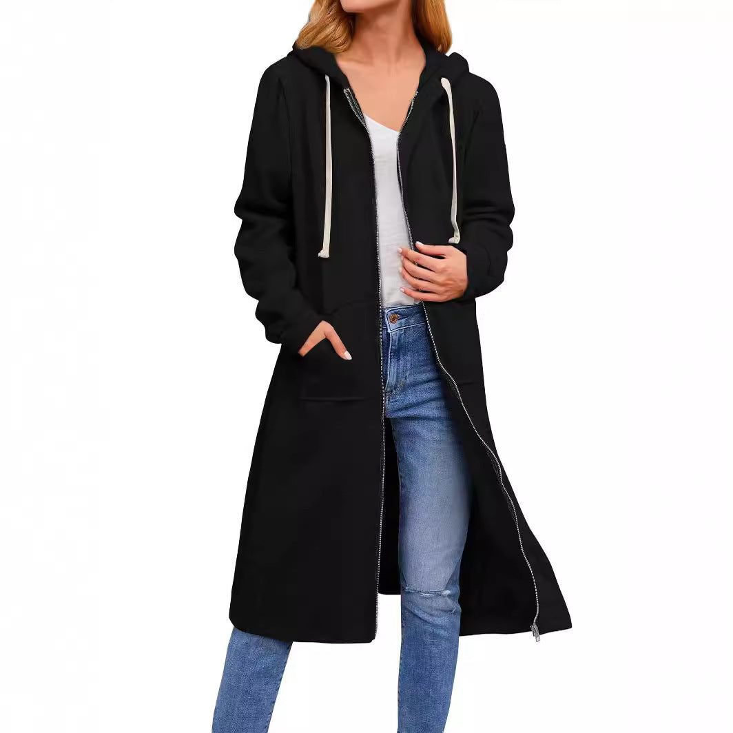 Damen Langer Kapuzen-Sweatmantel mit Zwei-Wege-Reißverschluss und Kängurutaschen Drune