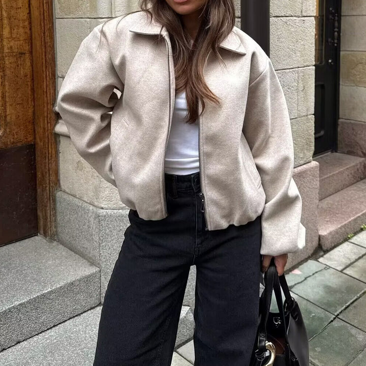 Damen Cropped Bomberjacke mit elastischem Saum, durchgehendem Reißverschluss und ballonärmeln Drune